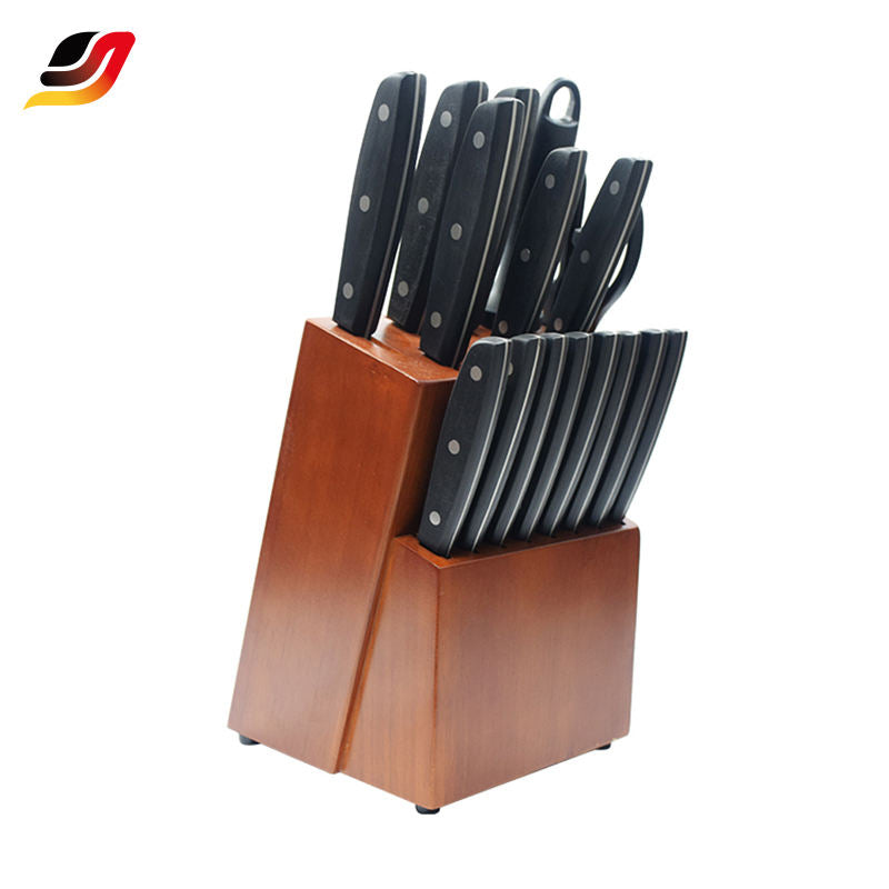 JJ Professional Self Sharpening Wooden Block 17 Pcs Stainless Steel Kitchen Knives Rubber Wood Chef Cooking Kitchen Knife Set
