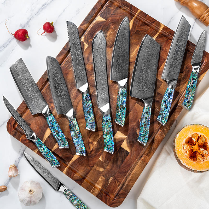 JJ Damascus Kitchen Knife Set 67 Layers Resin Abalone Handle 10 Piece