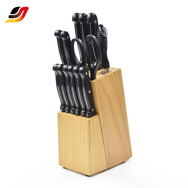 JJ Multifunctional Scissors Chef Slicer Knife Stainless Steel 14pcs Kitchen Knives Set with Wooden Block Knife