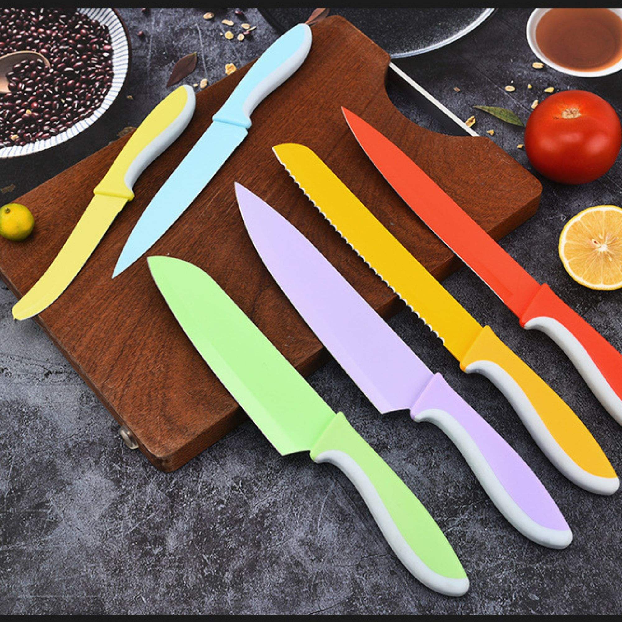 JJ 6 PCS Stainless Steel Chef Colorful Non Stick Kitchen Knife Set With Knife Sheath