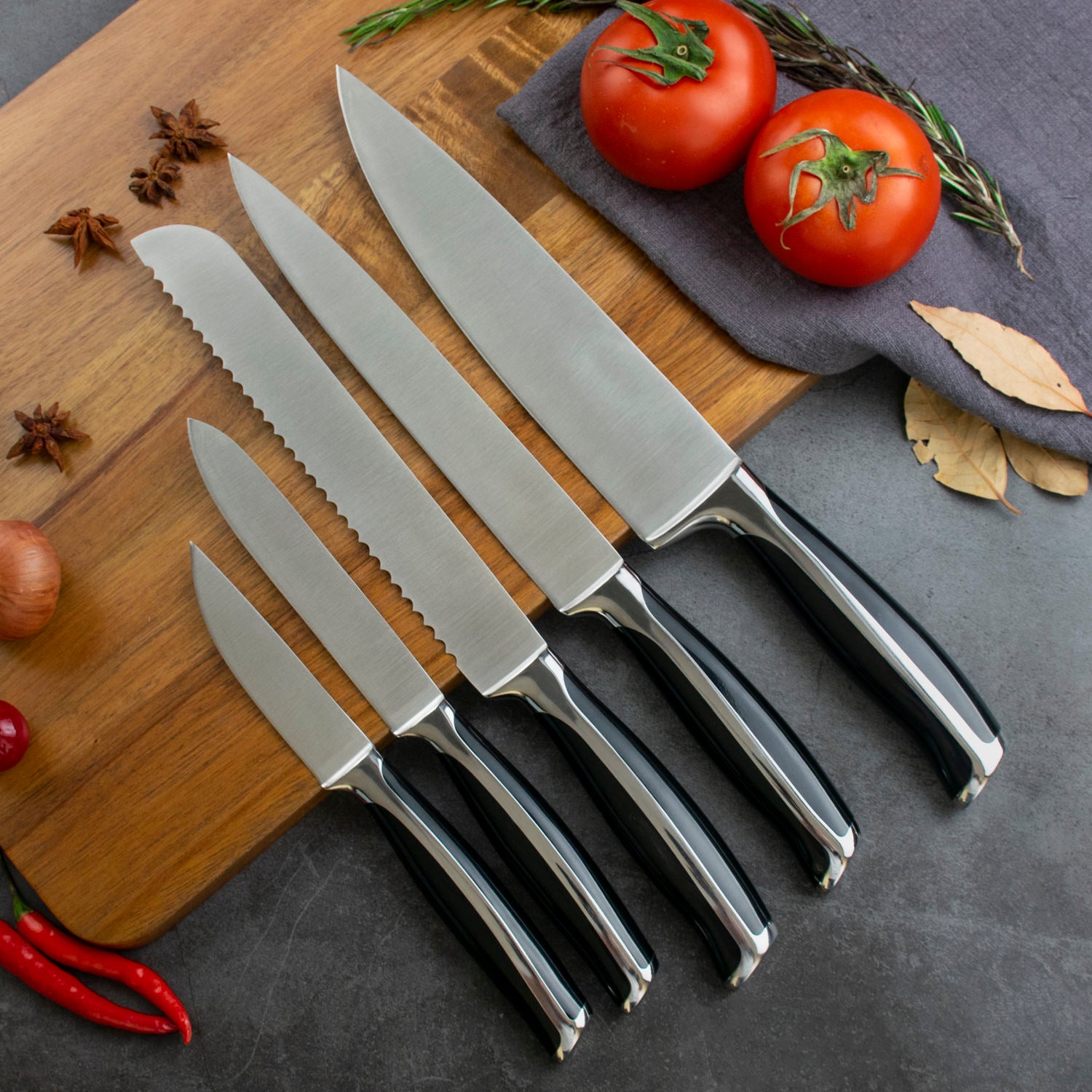 JJ Premium 6-Piece High Hardness Stainless Steel Kitchen Knife Set with Acacia Wood Block