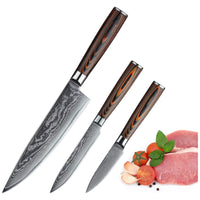 JJ Damascus Kitchen Knife Set 67 Layers VG-10 Pakka Wood 3 Piece