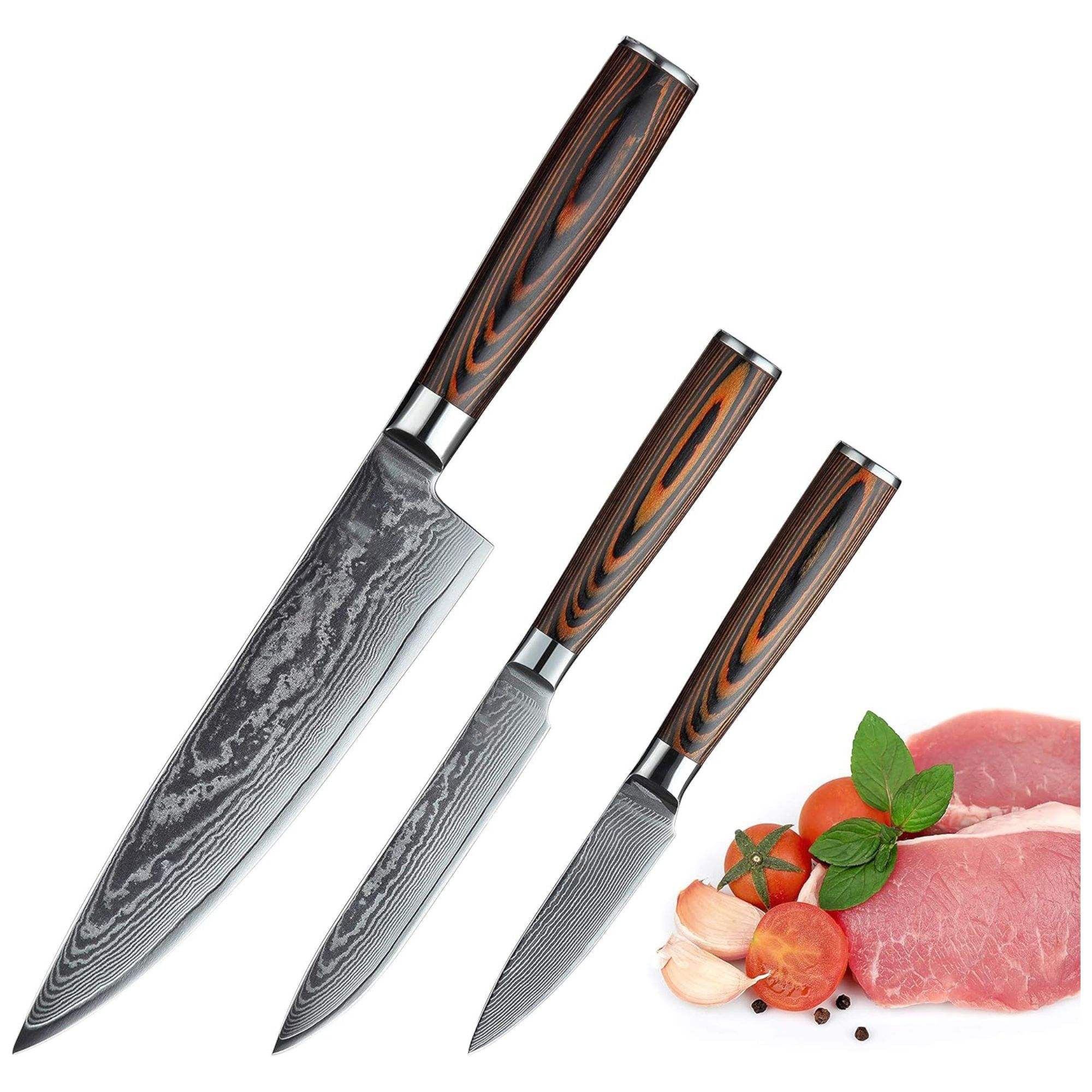 JJ Damascus Kitchen Knife Set 67 Layers VG-10 Pakka Wood 3 Piece