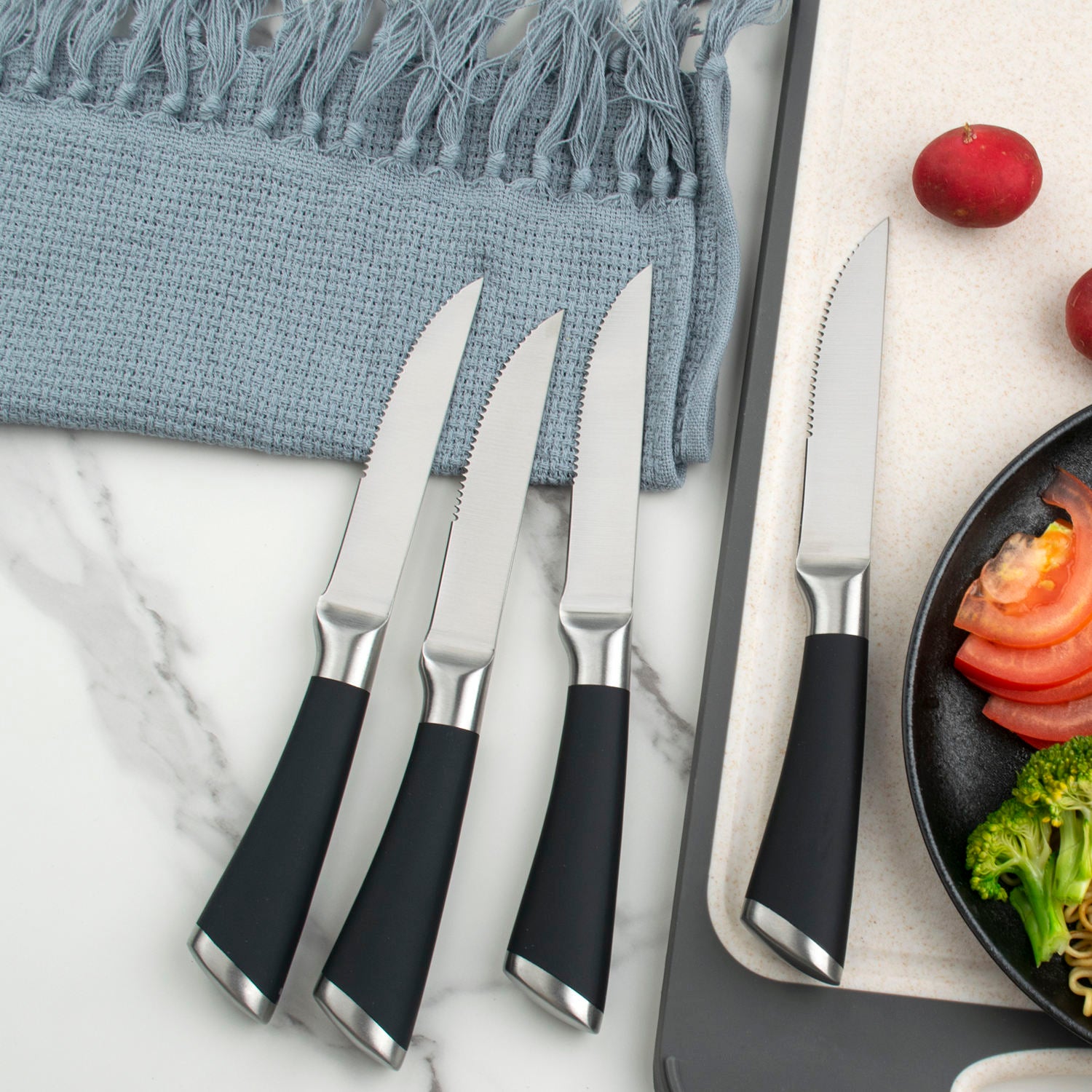 JJ 4.5" Stainless Steel Steak Knife Set - S/S Hollow Handle with TPR Spray | 4PCS