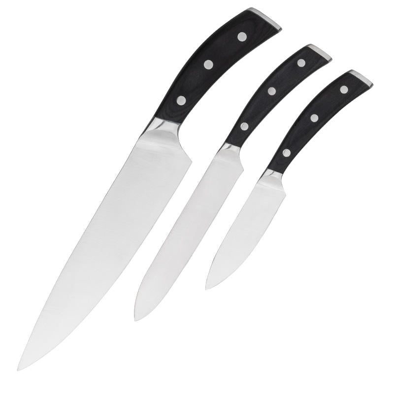 JJ Professionelles Edelstahl-Küchenmesser-Set, 3-teilig, mit Doppelklinge und gebogenem Griff aus Wenge- bzw. Pakkaholz