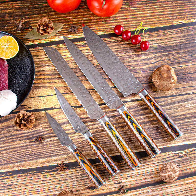 JJ High Quality Stainless Steel Pakka Wood Handle Kitchen Knife Set Urable sharp Forged 5 PCS Chef Knife Set