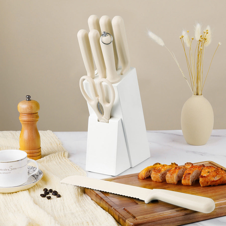 JJ White 8-piece Chef Kitchen Knife Set, 3cr13 Stainless Steel PP Handle, Include Sharpen Stick and Wooden Knife Seat