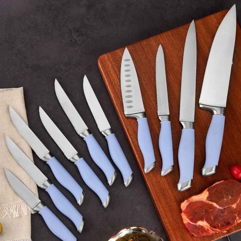 JJ 11 Pieces Wood Block 3cr13 Stainless Steel Chef Knife Kitchen Knife Set with Blue ABS Handle