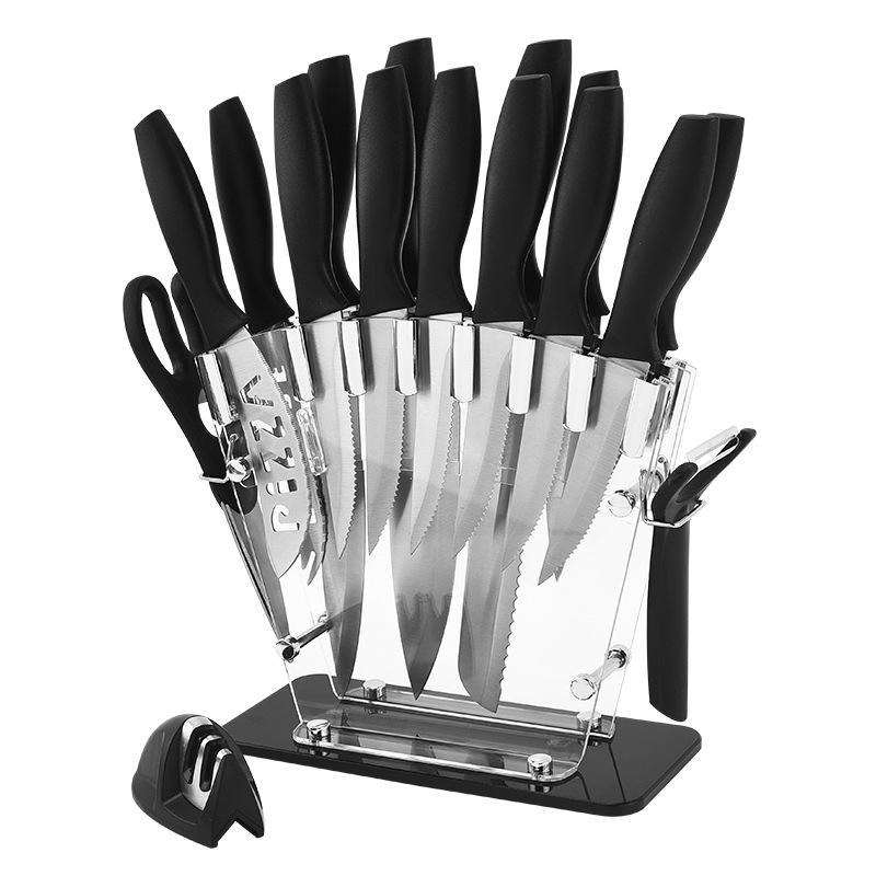 JJ 17 PC Non-Stick White Color Coated 3Cr13 Stainless Steel Kitchen Knife Set with PP Handle and Acrylic Block Custom Knife Set
