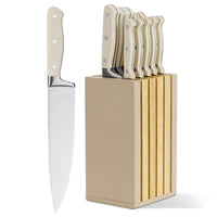 JJ 11-Piece Kitchen Knife Set with Block Stainless Steel Blades and Cream Colored Ergonomic Handles | OEM/ODM Available