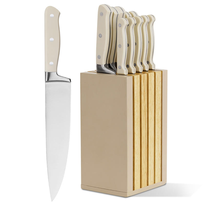 JJ 11-Piece Kitchen Knife Set with Block Stainless Steel Blades and Cream Colored Ergonomic Handles | OEM/ODM Available