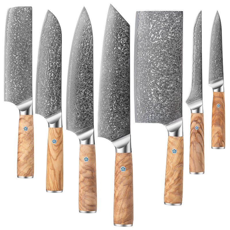 JJ 7 PCs Set 67 Layers Damascus 10Cr15Mov Core Steel Kitchen Knife Set with Olive Wood Handle Custom Stainless Steel Knife Set