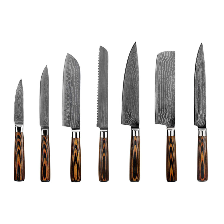 JJ 7 Piece Japanese VG-10 67 Layers Damascus with Pakka Wood Handles Top Seller Chef Knife Set Custom Kitchen Knife Set