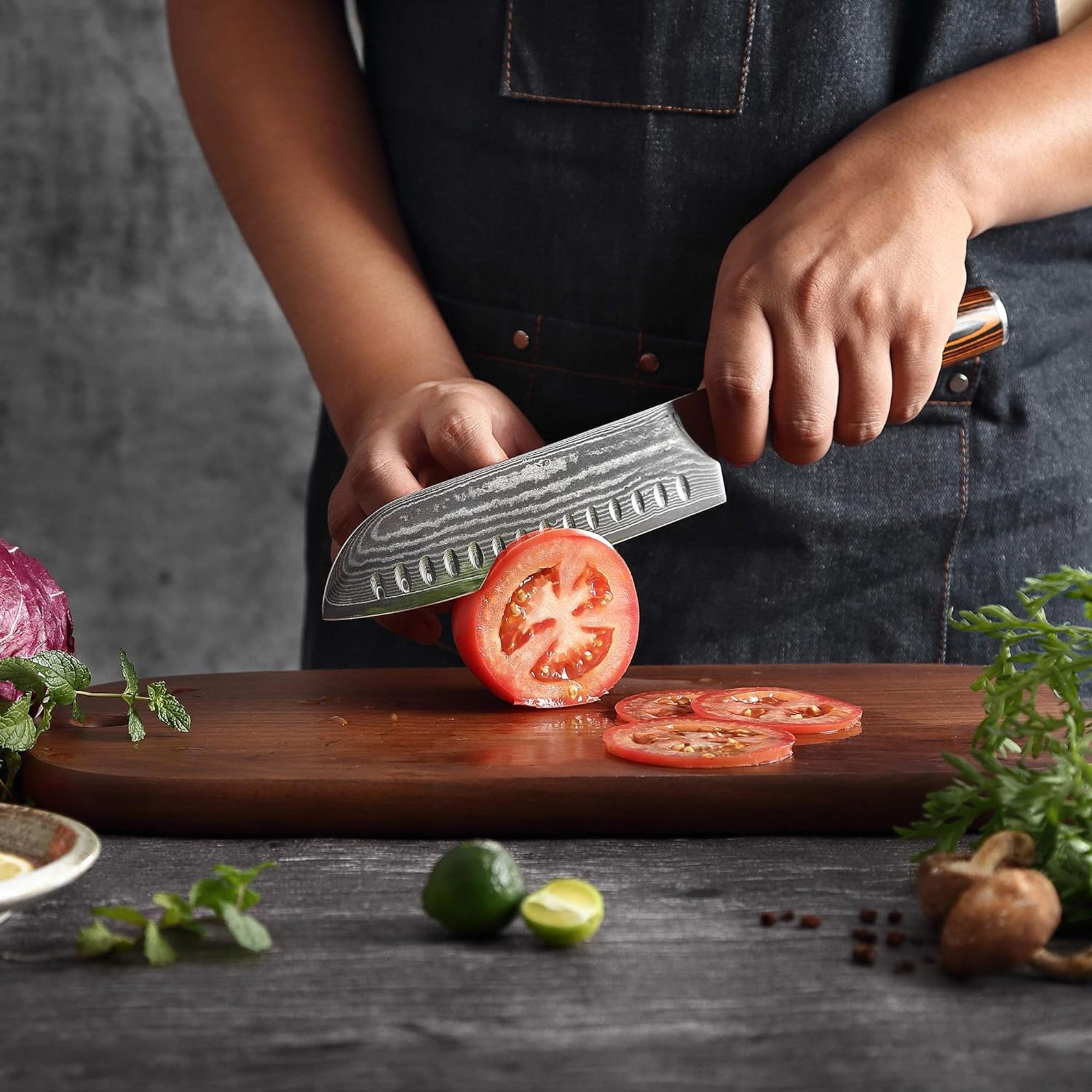 JJ 67 Layers Damascus Santoku Knife Pakka Wood Handle 7"