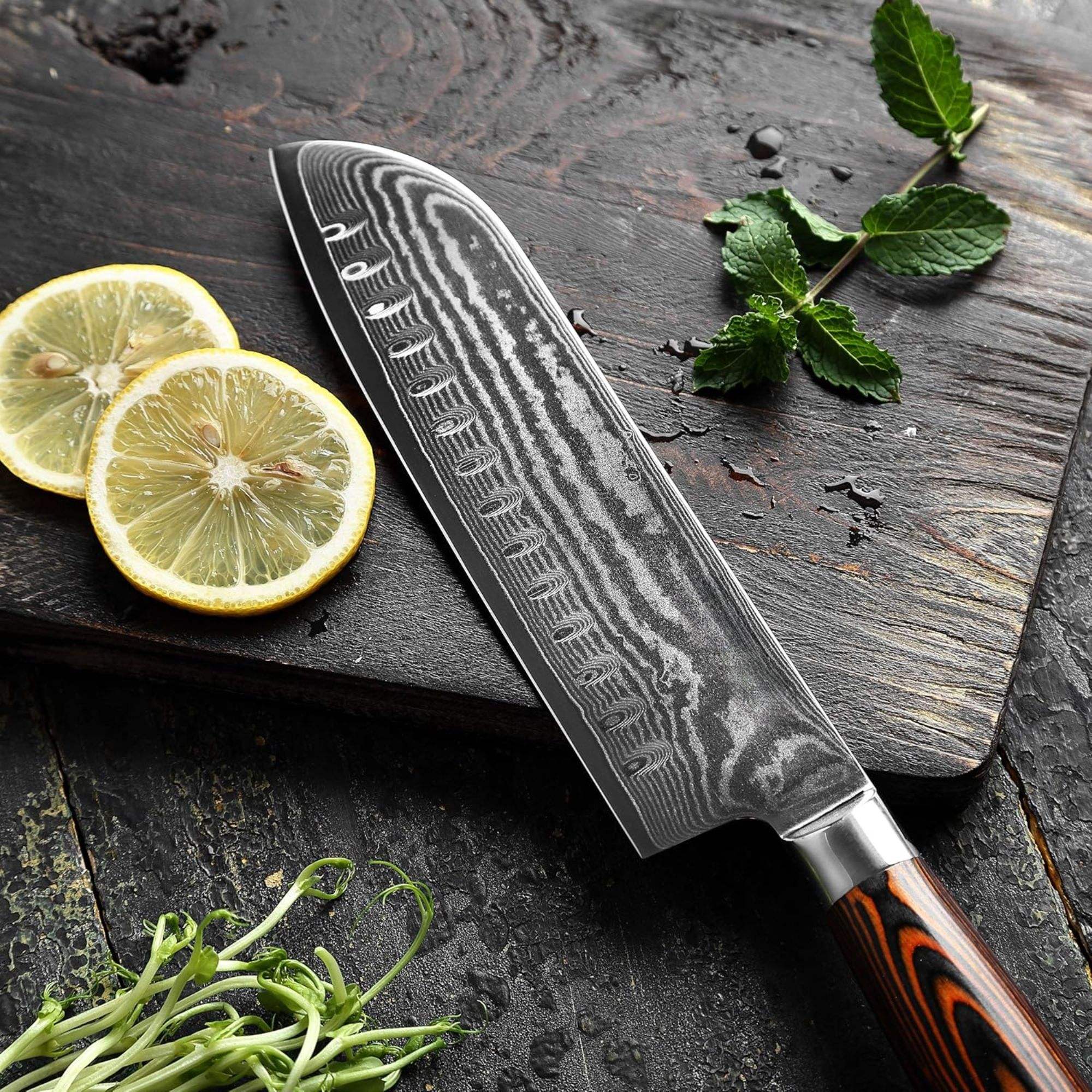 JJ 67 Layers Damascus Santoku Knife Pakka Wood Handle 7"