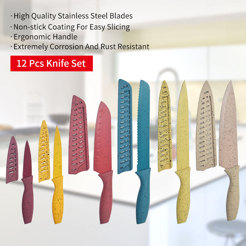 JJ Wholesale 12-tlg. Edelstahl-Küchenmesser-Set für Gemüse, Brot und Obst, antihaftbeschichtete Kochmesser mit Messerschutz