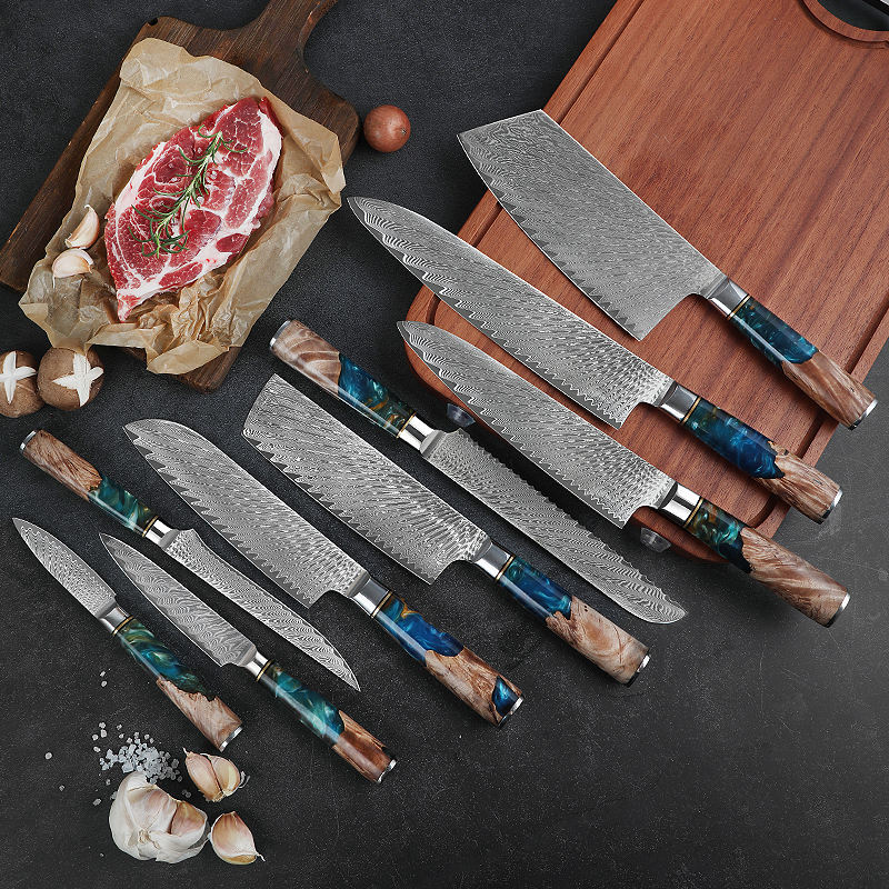 JJ Chef Cooking 67layers VG10 Damascus Knife Set Japanese Kitchen Knives Blue Resin Handle Damascus Steel Knife