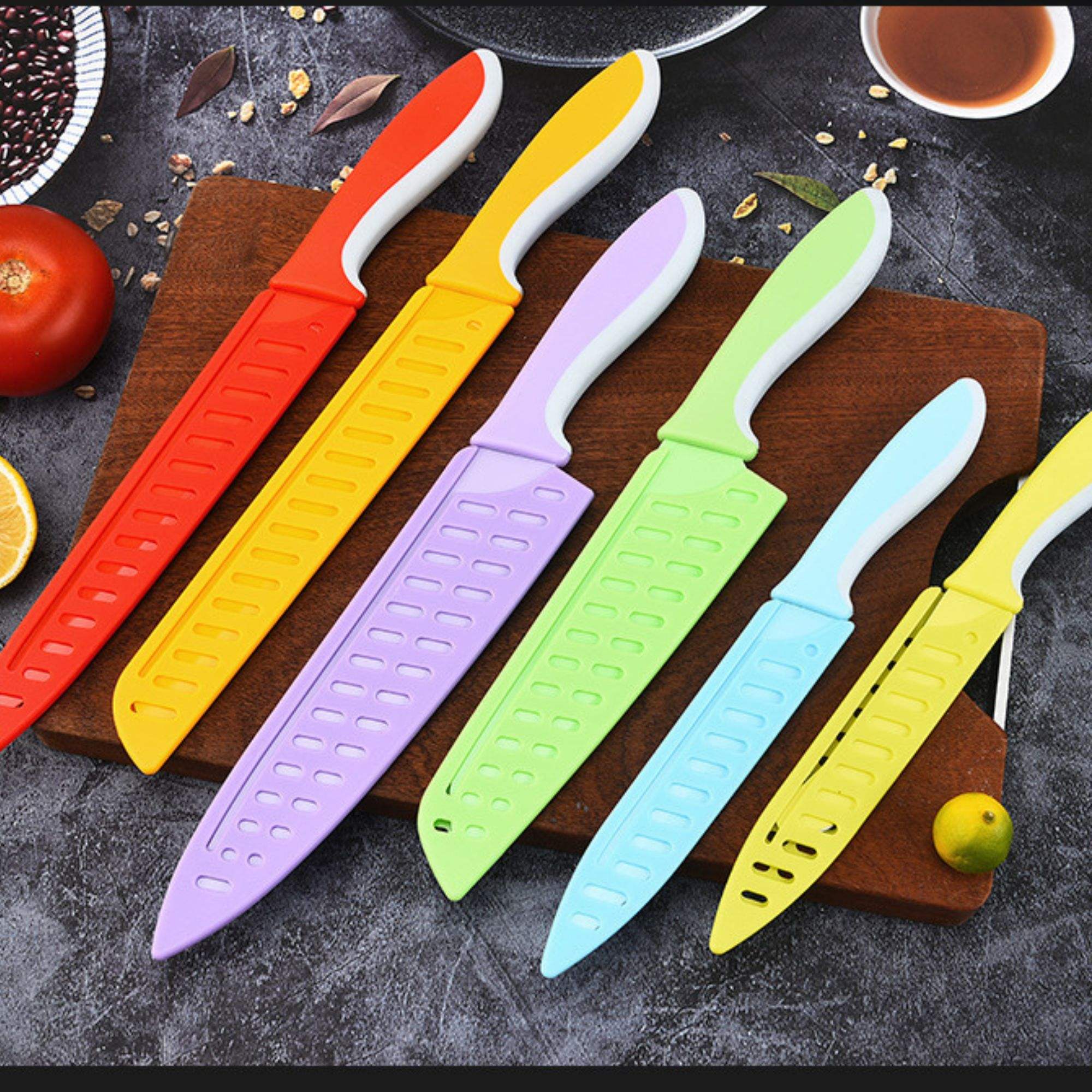 JJ 6 PCS Stainless Steel Chef Colorful Non Stick Kitchen Knife Set With Knife Sheath