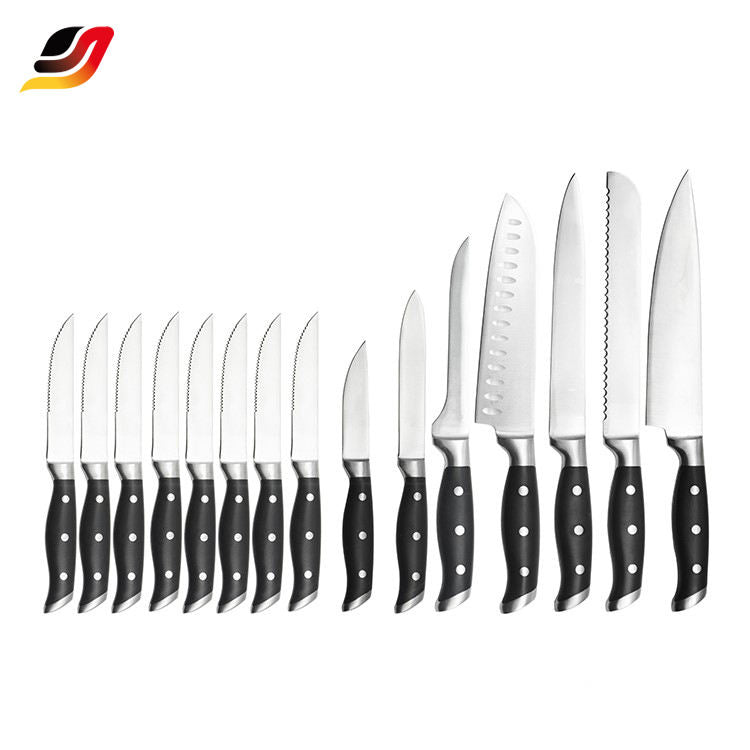 JJ Professional 16-Piece 3CR17 Stainless Steel Chef Knife Set with Acacia Wood Block