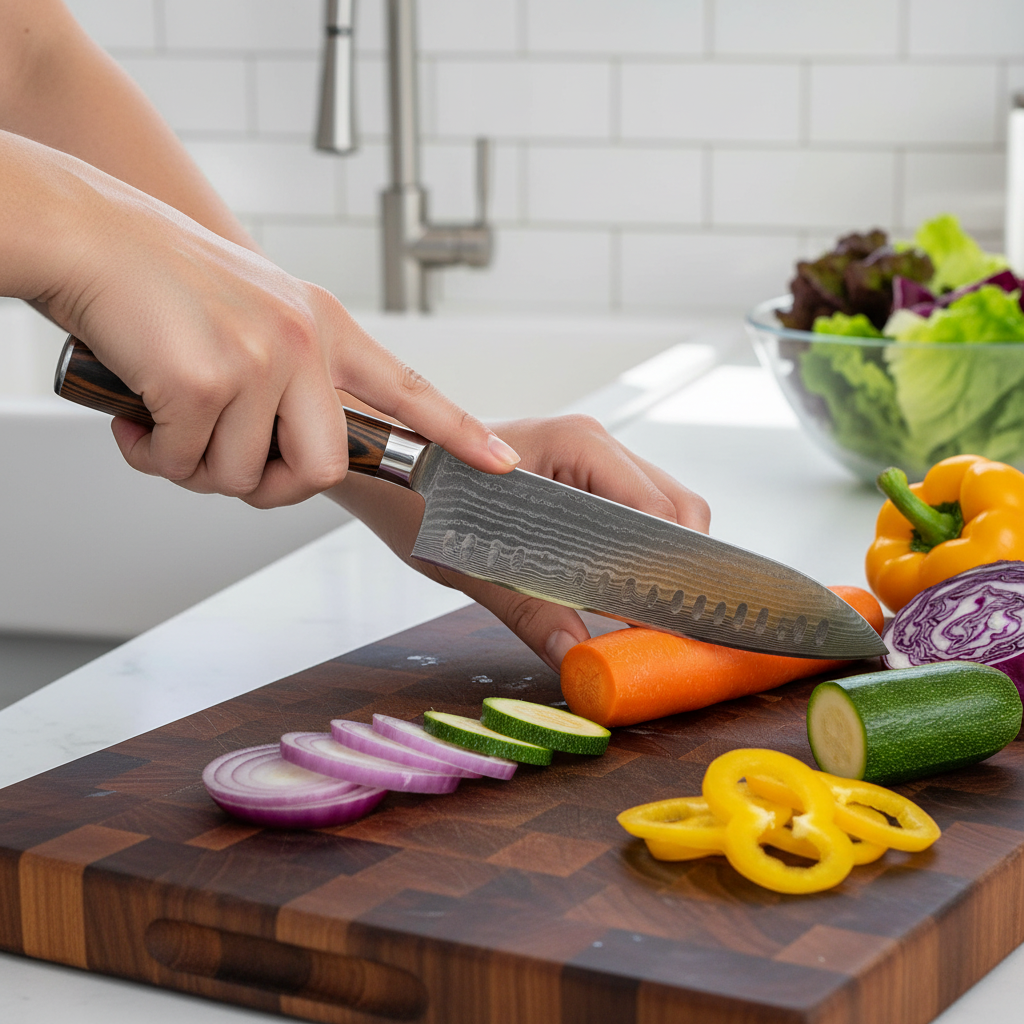 大马士革钢刀具套装场景2-切菜特写