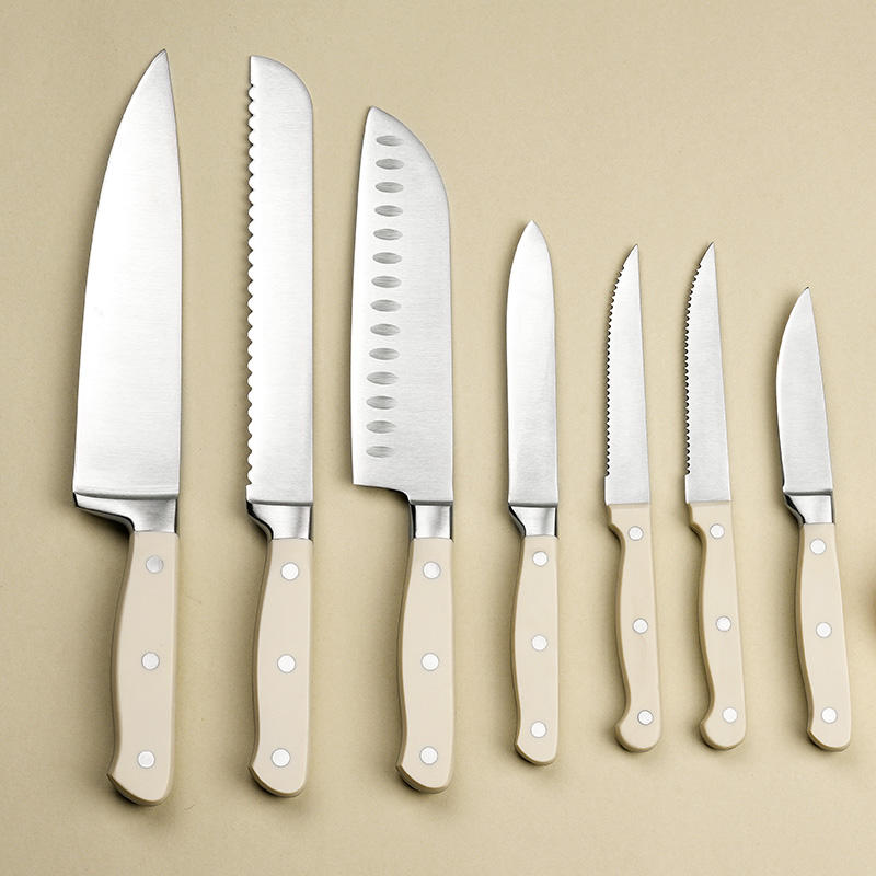 JJ 11-Piece Kitchen Knife Set with Block Stainless Steel Blades and Cream Colored Ergonomic Handles | OEM/ODM Available