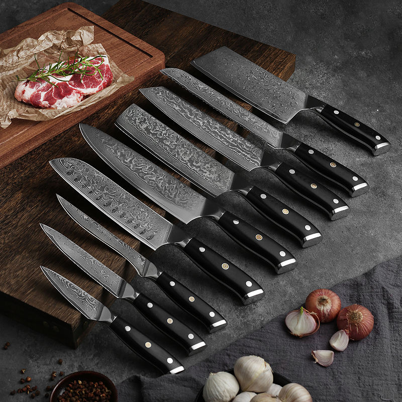 JJ Professionelles Edelstahl-Küchenmesserset Kochmesserset G10-Griff VG10 Damastmesserset