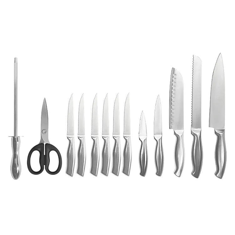 JJ Factory Wholesale 14 Piece Kitchen Chef Knife Cooking Stainless Steel 3Cr13 Rubber Wood Knife Set with Block