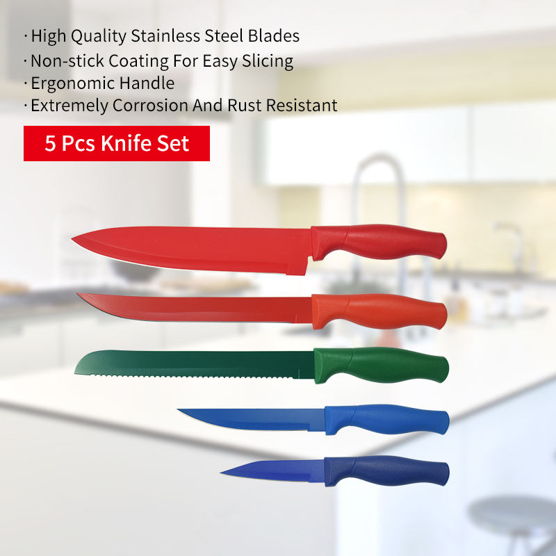 JJ Wholesale 5-tlg. Edelstahl-Küchenmesserset, bunt beschichtet, antihaftbeschichtet, scharf, mit PP-Griff