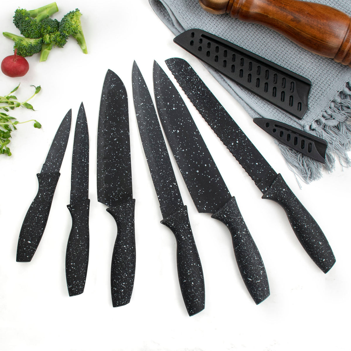 JJ Wholesale Multifunktionales Chefkochmesser-Set Edelstahl 6-teiliges antihaftbeschichtetes Küchenmesser-Set mit Kunststoffhülle