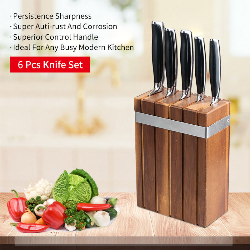 JJ Premium 6-Piece High Hardness Stainless Steel Kitchen Knife Set with Acacia Wood Block