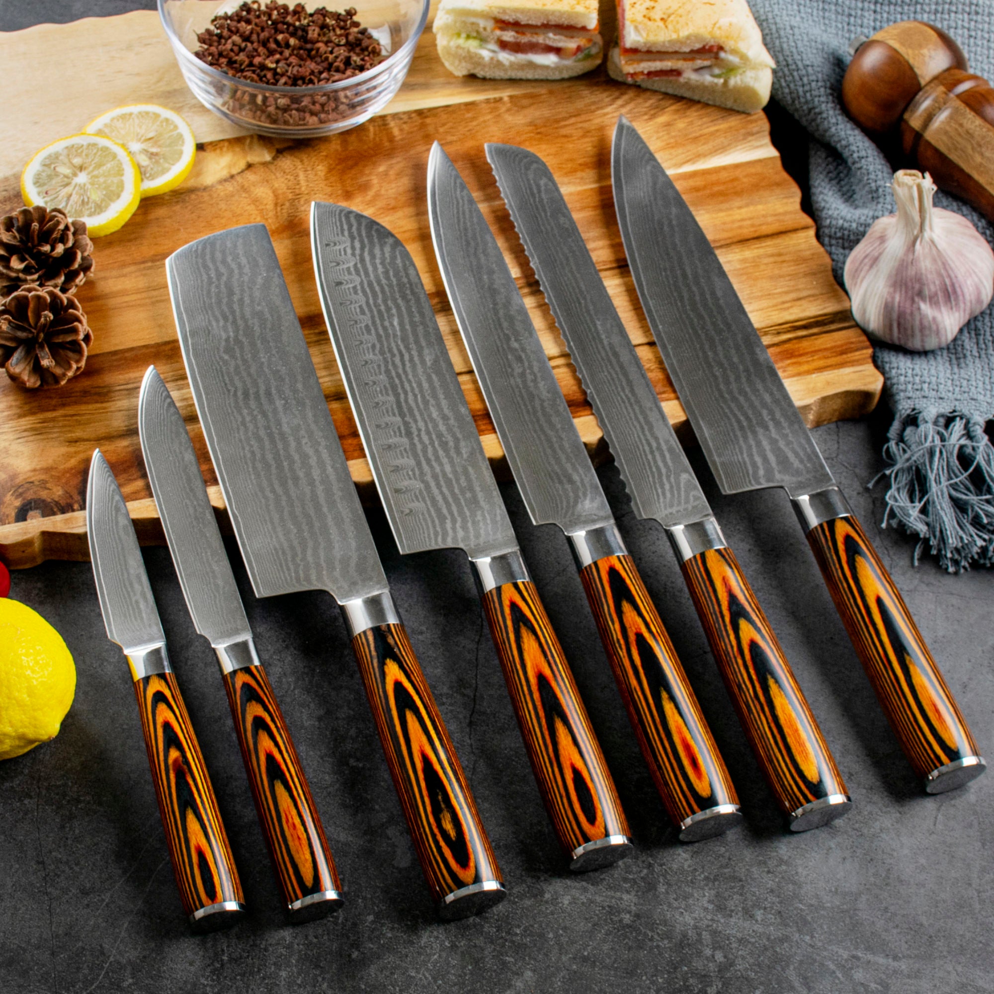 JJ Damascus Kitchen Knife Set 67 Layers VG-10 Pakka Wood 7 Piece