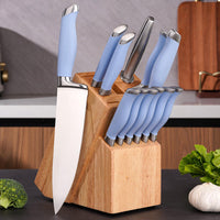 JJ 11 Pieces Wood Block 3cr13 Stainless Steel Chef Knife Kitchen Knife Set with Blue ABS Handle