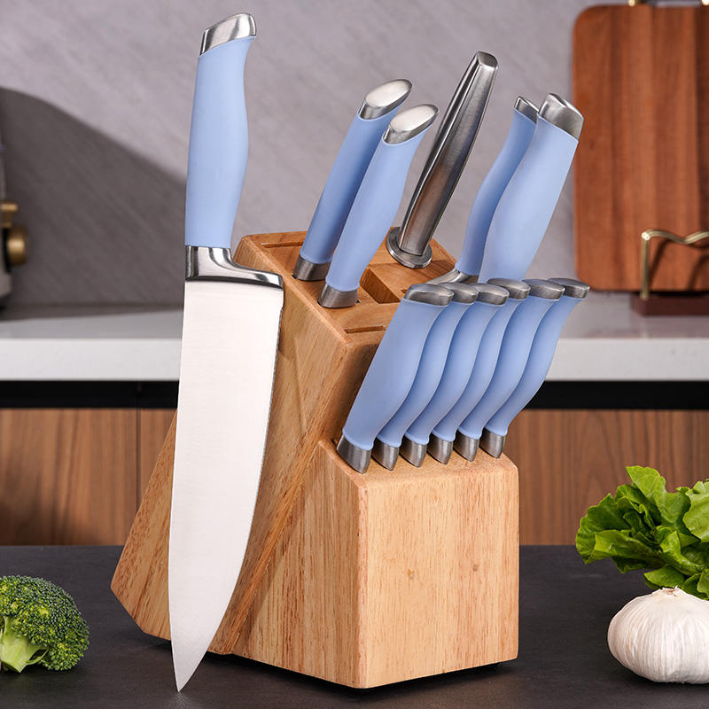 JJ 11 Pieces Wood Block 3cr13 Stainless Steel Chef Knife Kitchen Knife Set with Blue ABS Handle