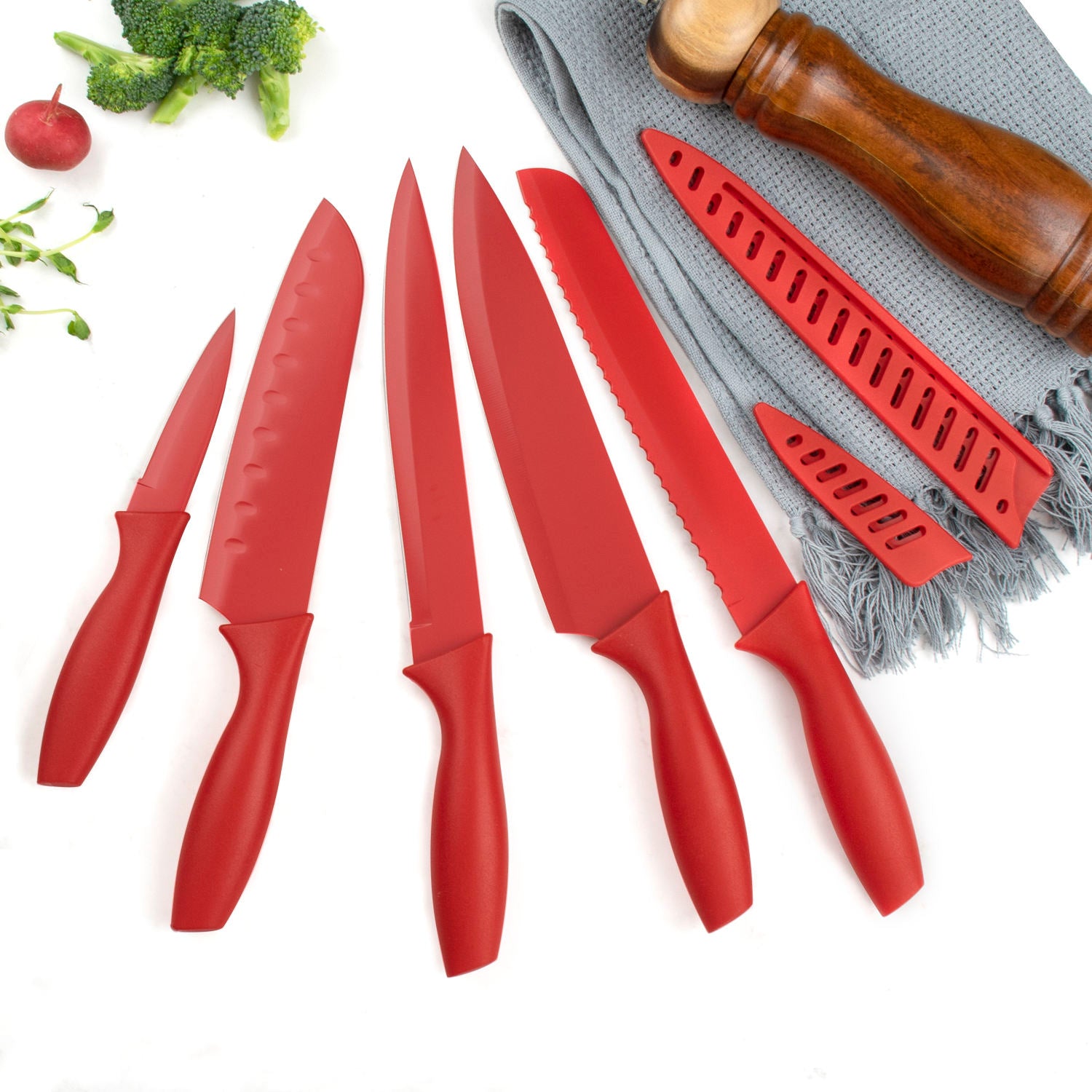 JJ High Quality Cooking Knife Stainless Steel 10 PCS Non-stick Coated Kitchen Knife Set with Plastic Sheath