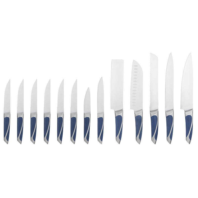 JJ Professionelles 13-teiliges OEM&ODM-Messerset für Köche, Klingen aus 3Cr13-Edelstahl, Griffe aus 430-Edelstahl und schwarz-blauem ABS, Küchenmesser