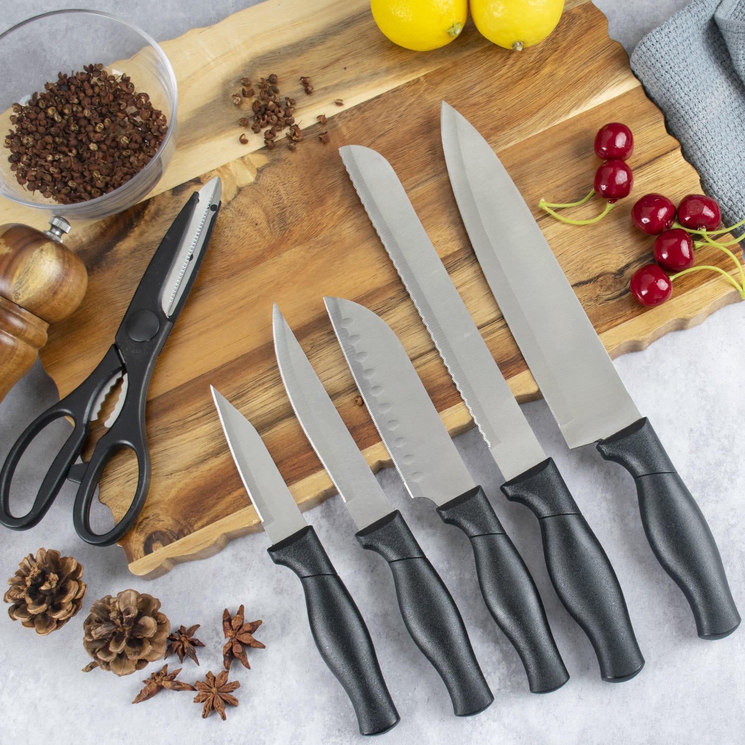 JJ 7PCS STAINLESS STEEL KITCHEN KNIFE WITH COLORED PAINTING HANDLE KITCHEN KNIFE SET WITH WOODEN BLOCK