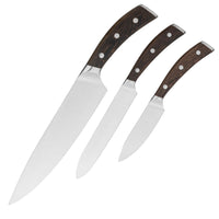 JJ Professionelles Edelstahl-Küchenmesser-Set, 3-teilig, mit Doppelklinge und gebogenem Griff aus Wenge- bzw. Pakkaholz