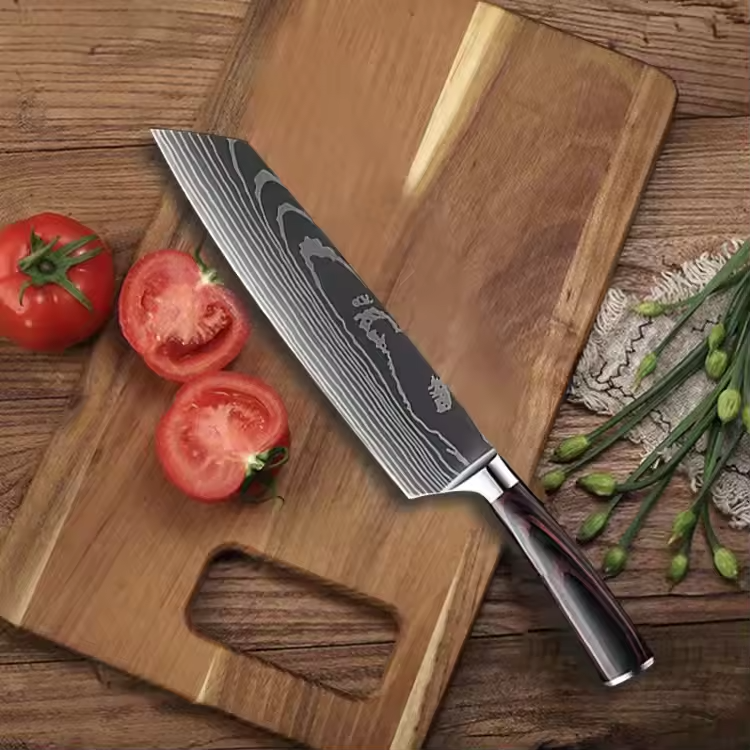 JJ Japanese Style 8pcs Damascus Steel Chef Knife Set Kiritsuke & Fishing Knives with Stainless Steel Handles Pakka Wood Handle