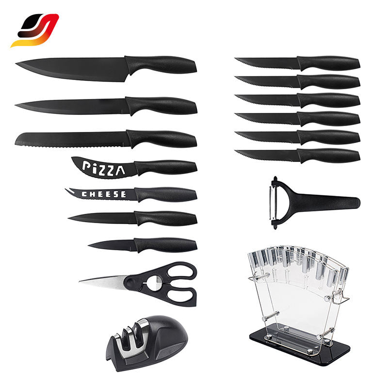 JJ New Design Kitchen Chef Knife Set Cut Cleaver Paring Knives Scissors Stainless Steel 17 Piece Knife Set with Holder