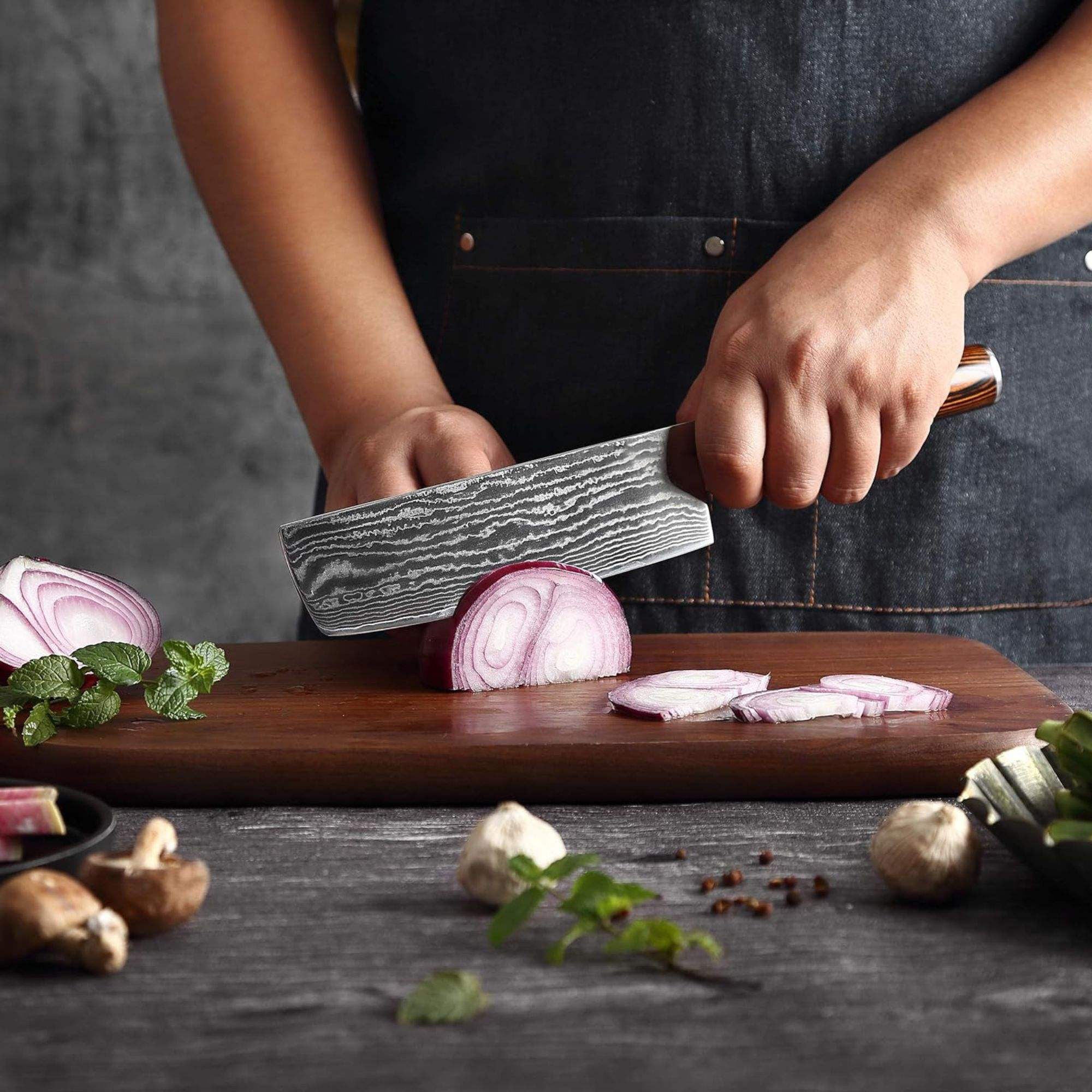 JJ 67 Layers Damascus Nakiri Cleaver Knife Pakka Wood Handle 7"