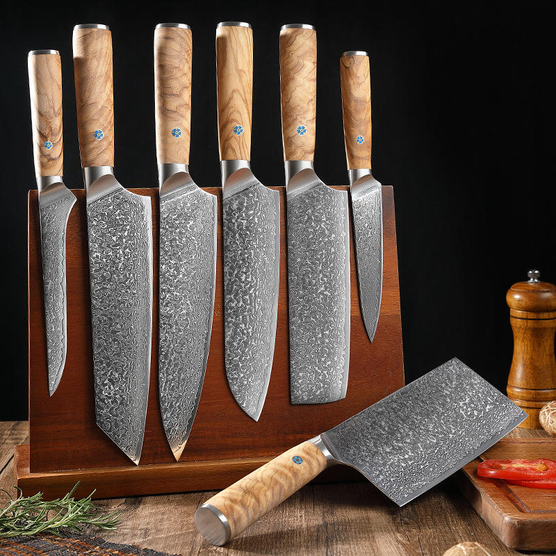 JJ 7 PCs Set 67 Layers Damascus 10Cr15Mov Core Steel Kitchen Knife Set with Olive Wood Handle Custom Stainless Steel Knife Set