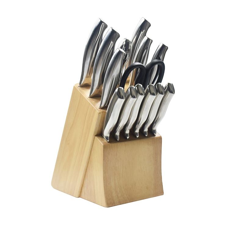 JJ Factory Wholesale 14 Piece Kitchen Chef Knife Cooking Stainless Steel 3Cr13 Rubber Wood Knife Set with Block