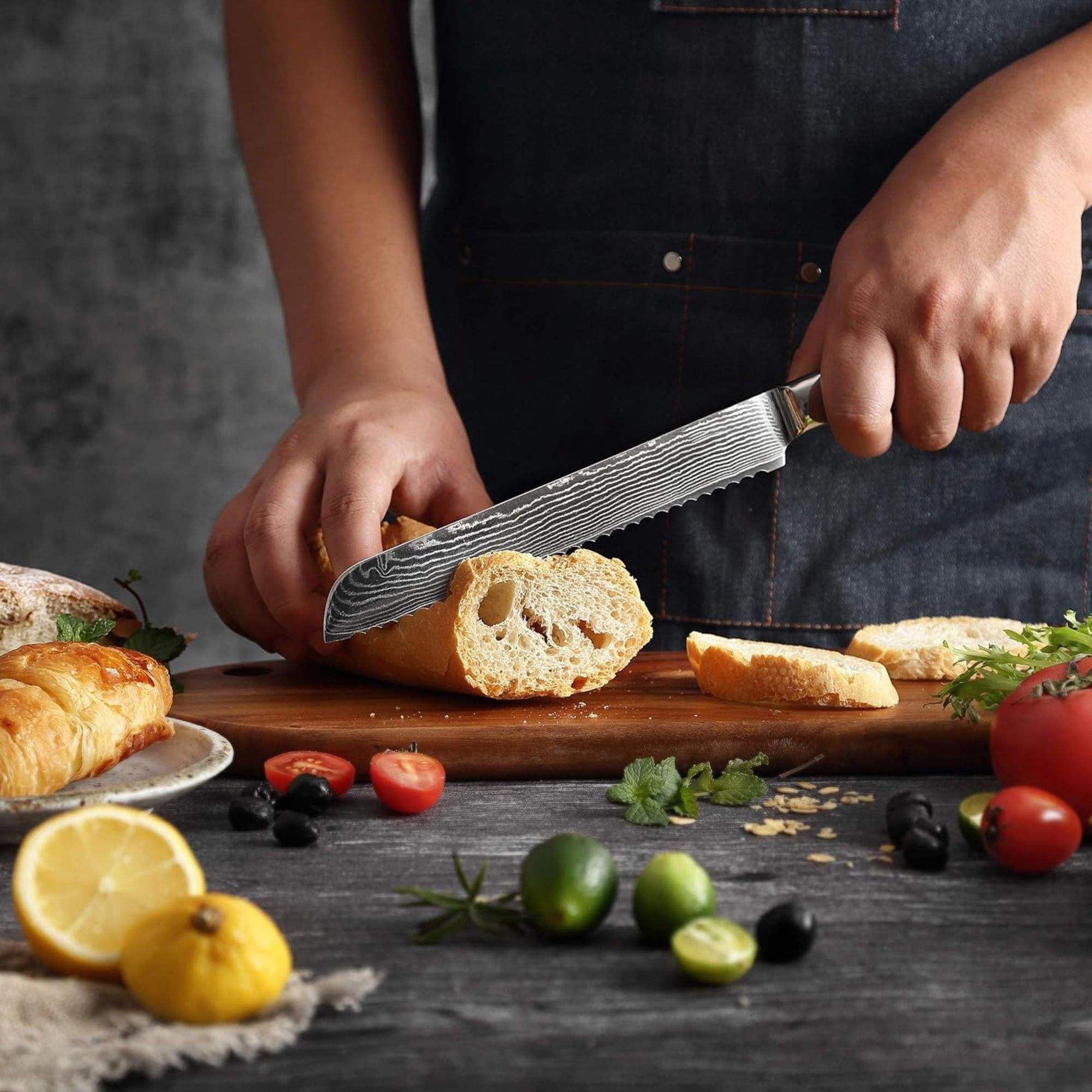 JJ 67 Layers Damascus Bread Knife Pakka Wood Handle 8"