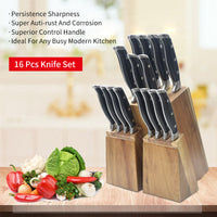 JJ Professional 16-Piece 3CR17 Stainless Steel Chef Knife Set with Acacia Wood Block