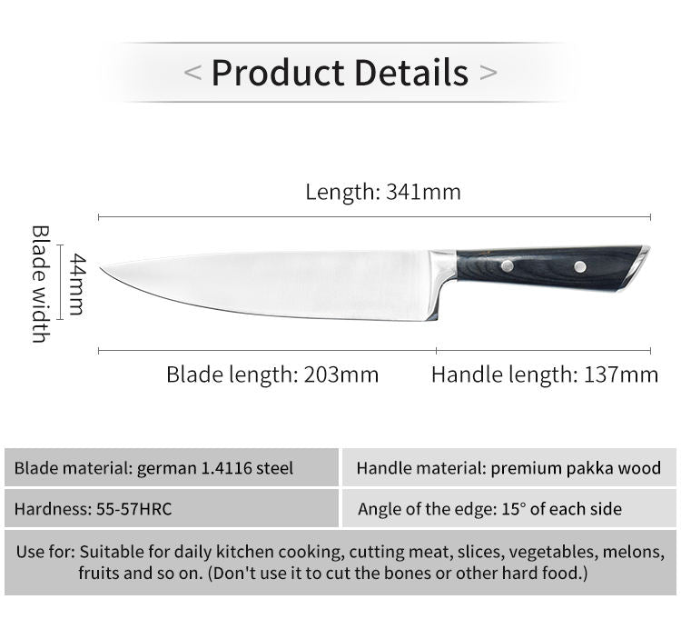 JJ Best Choice for Home Kitchen 8 Inch German High Carbon Stainless Steel 5CR15MOV Pakka Wood Handle Chef Knife