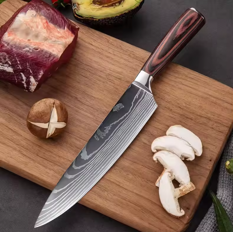 JJ Japanese Style 8pcs Damascus Steel Chef Knife Set Kiritsuke & Fishing Knives with Stainless Steel Handles Pakka Wood Handle