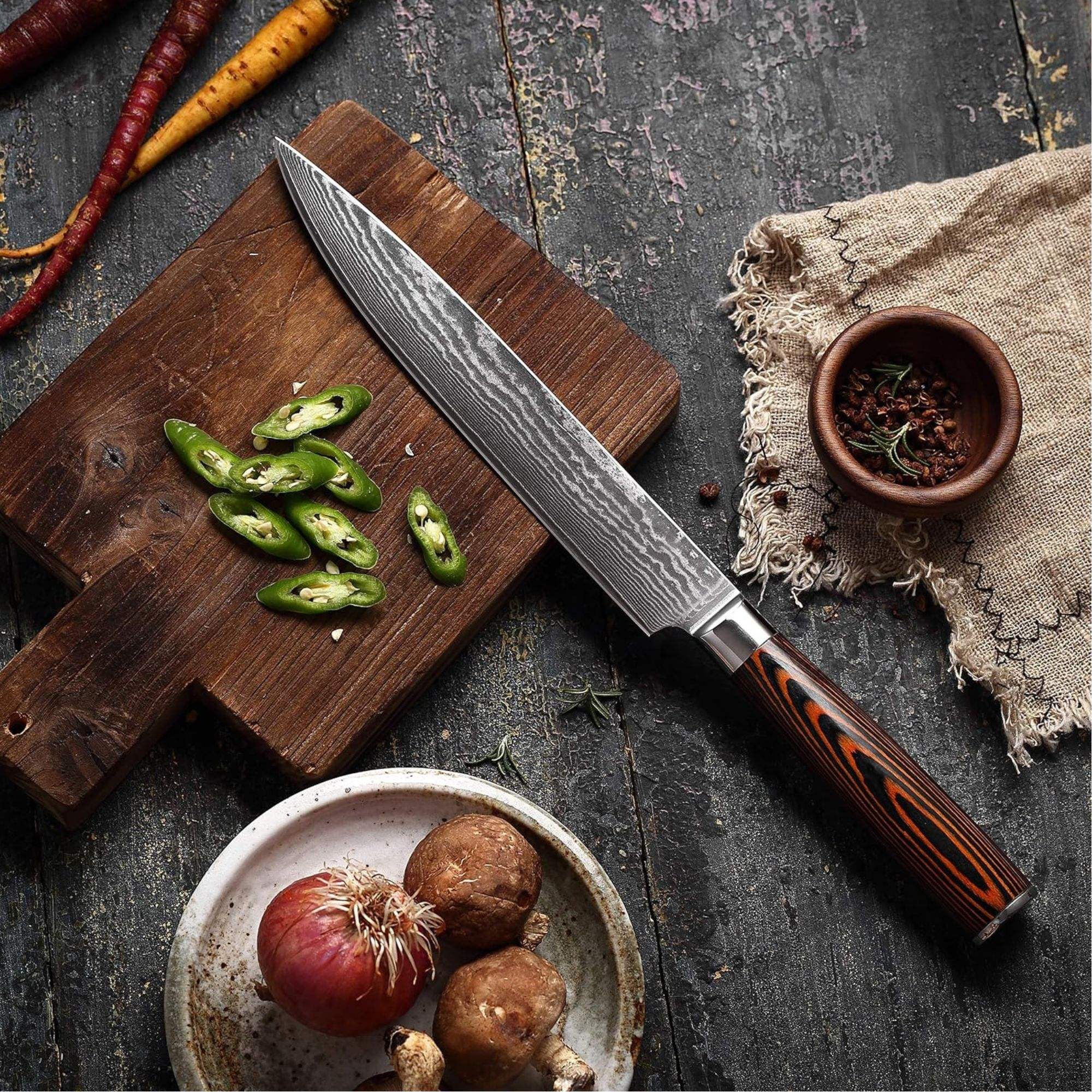 JJ 67 Layers Damascus Slicing Knife Pakka Wood Handle 8"