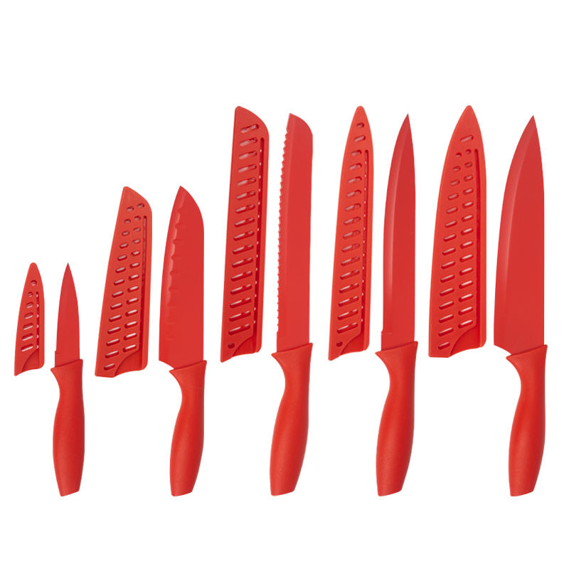 JJ High Quality Cooking Knife Stainless Steel 10 PCS Non-stick Coated Kitchen Knife Set with Plastic Sheath