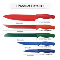 JJ Wholesale 5-tlg. Edelstahl-Küchenmesserset, bunt beschichtet, antihaftbeschichtet, scharf, mit PP-Griff