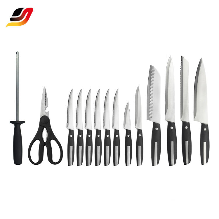 JJ High Quality 15 Pcs Stainless Steel POM Handle Kitchen Knife Set